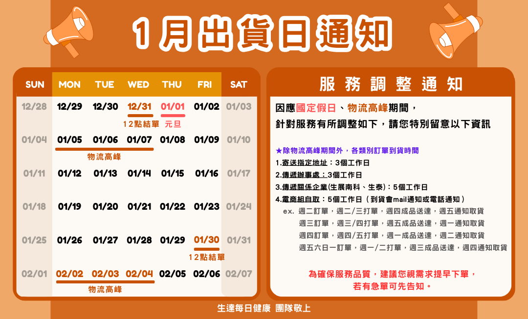 1月出貨公告
