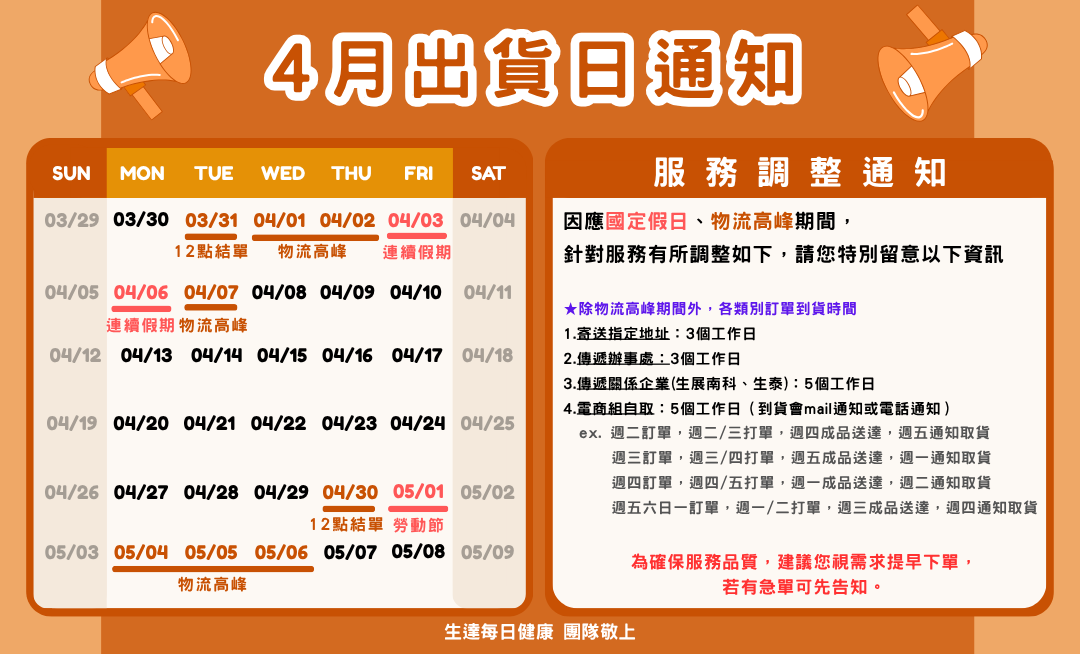4月出貨公告