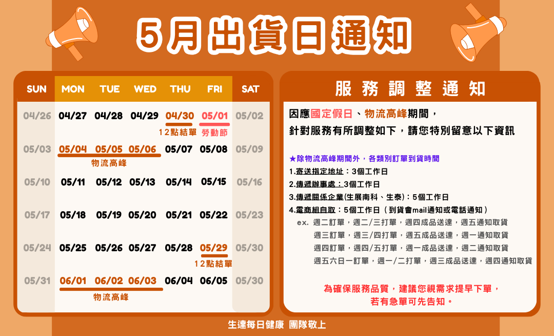 5月出貨公告
